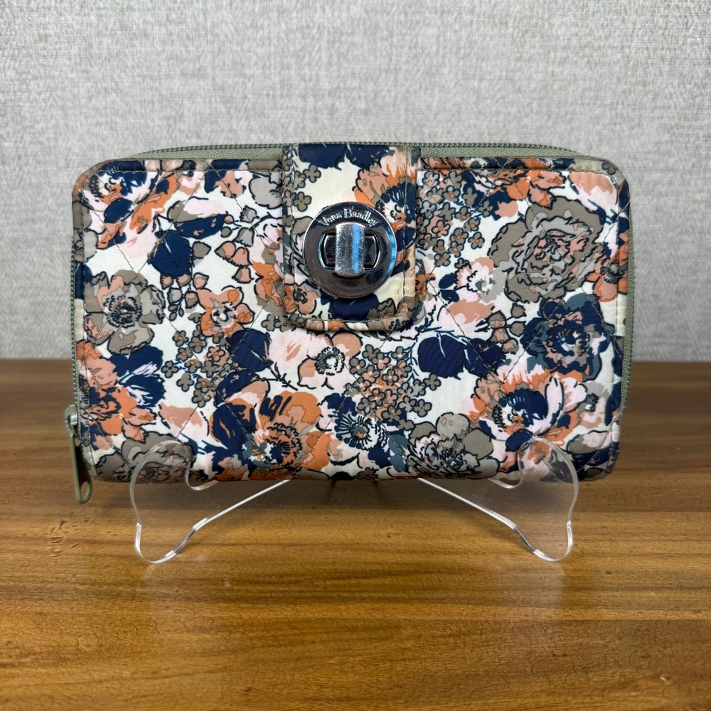 Vera‎ Bradley Floral Quilted Cotton Turn-lock Zip Around Wallet Navy Coral Sage